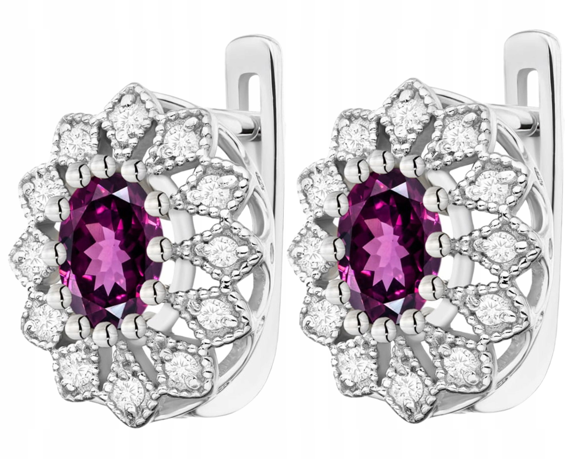 Náušnice Bílého Zlata S Přírodním Zlato Ryzost Rhodolitem A Diamanty Zlato 585 14K