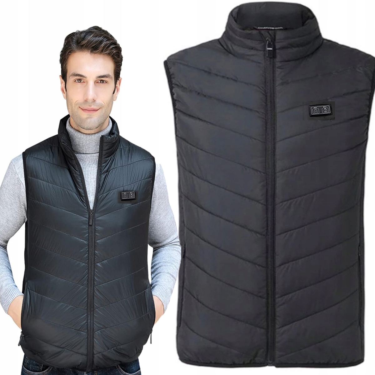 DŁUGA KAMIZELKA PODGRZEWANA na USB ROBOCZA OCIEPLANA DAMSKA MĘSKA PLUS SIZE Kolor czarny