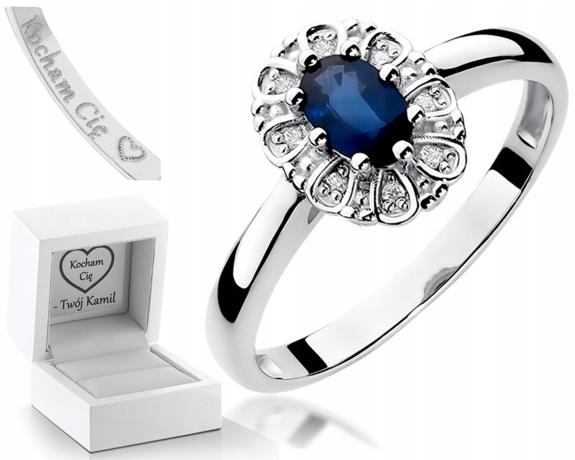 Prstýnek Se Safírem A Diamanty Gravírování Bonus