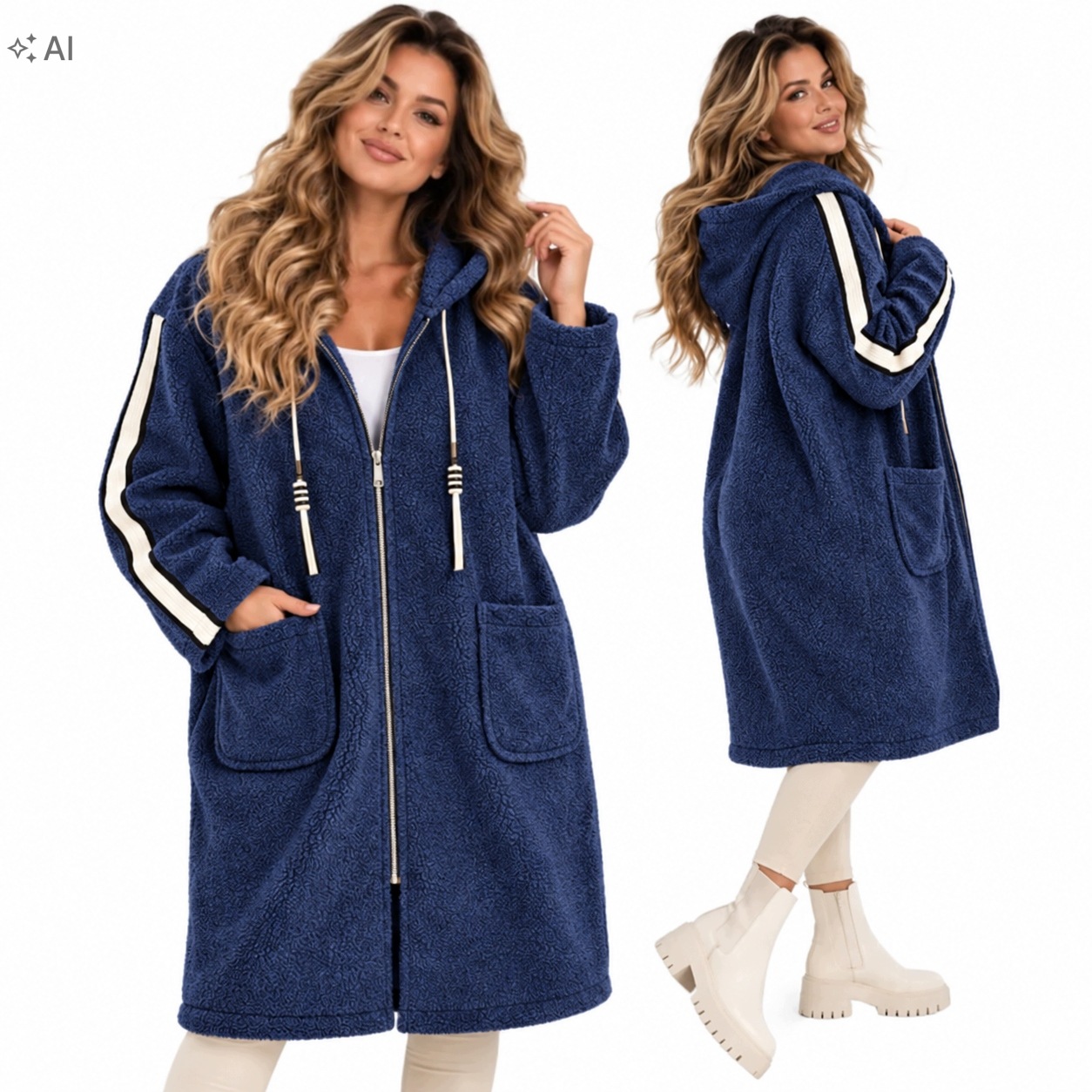 5939 Dámský kabát s lampasem Kapuce Bukla Zip měkký 54 56 7XL 8XL