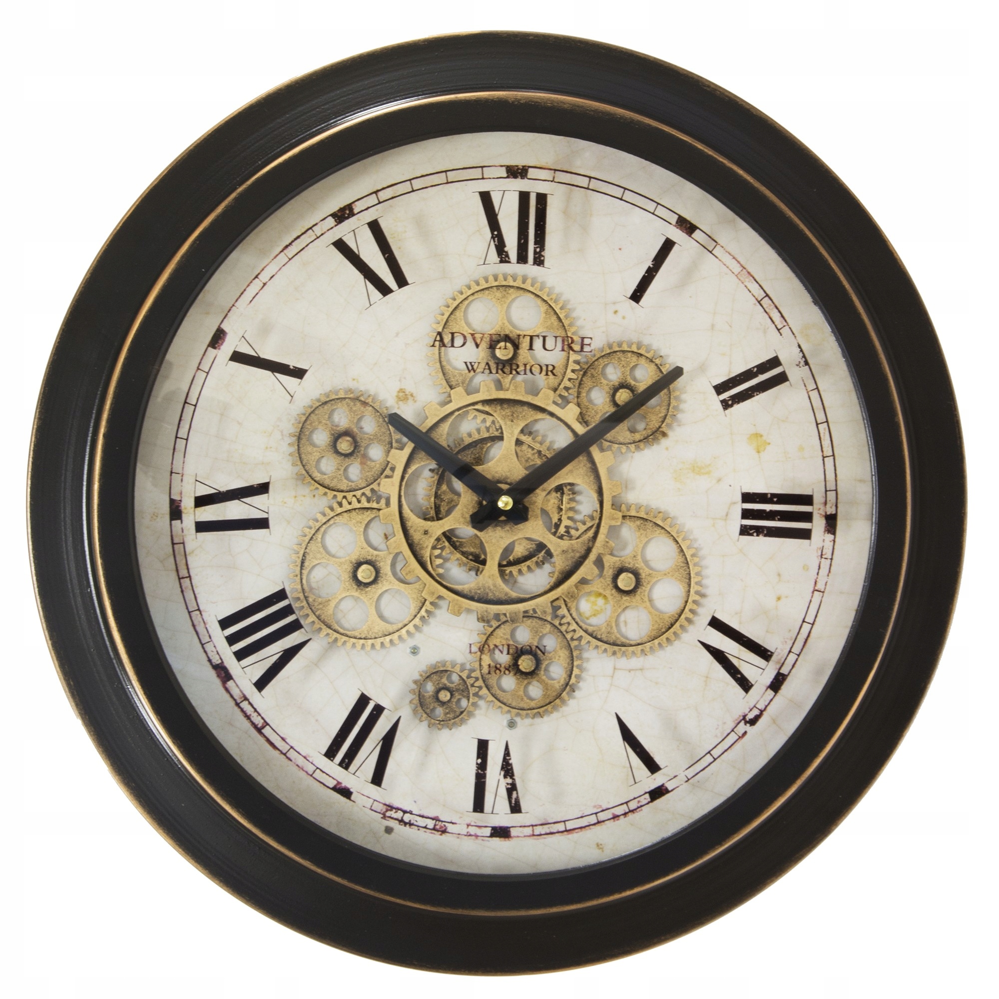 

Czarny stylowy zegar ścienny z ruchomymi zębatkami