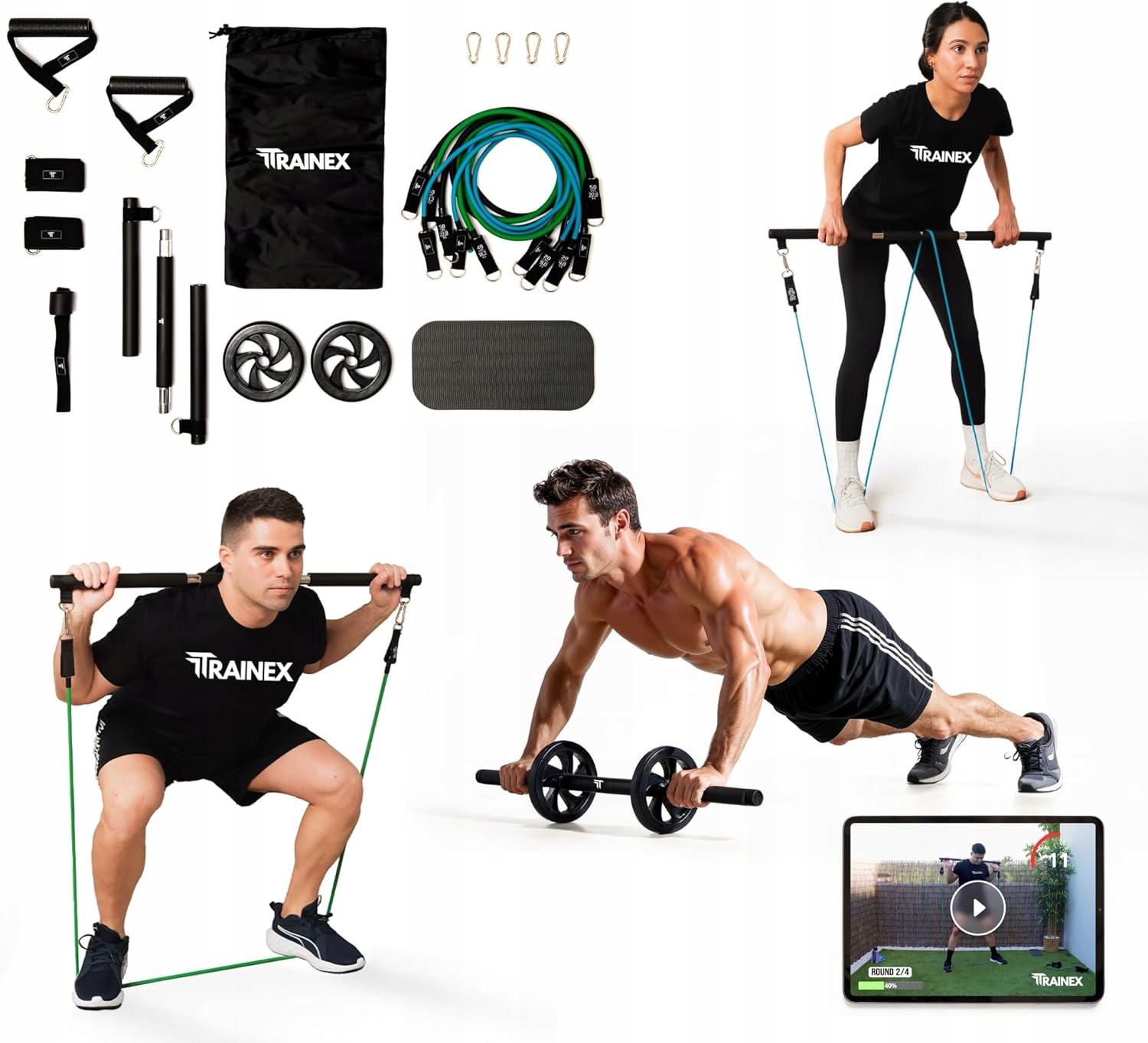 Taśmy gumy do ćwiczeń Trainex, zestaw do ćwiczeń w domu, domowa siłownia