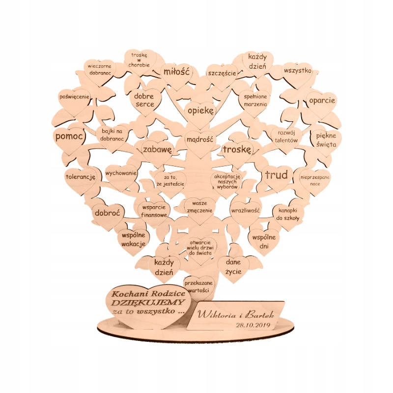 Poděkování Gravírované srdce stromu 36 srdcí