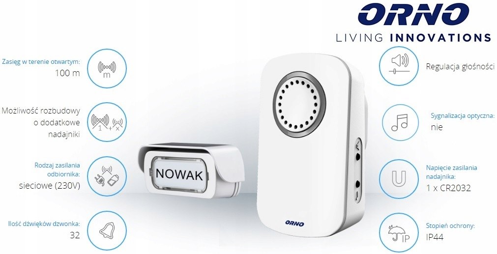 Dzwonek bezprzewodowy 2 przyciski 2 gong ORNO Stan opakowania oryginalne