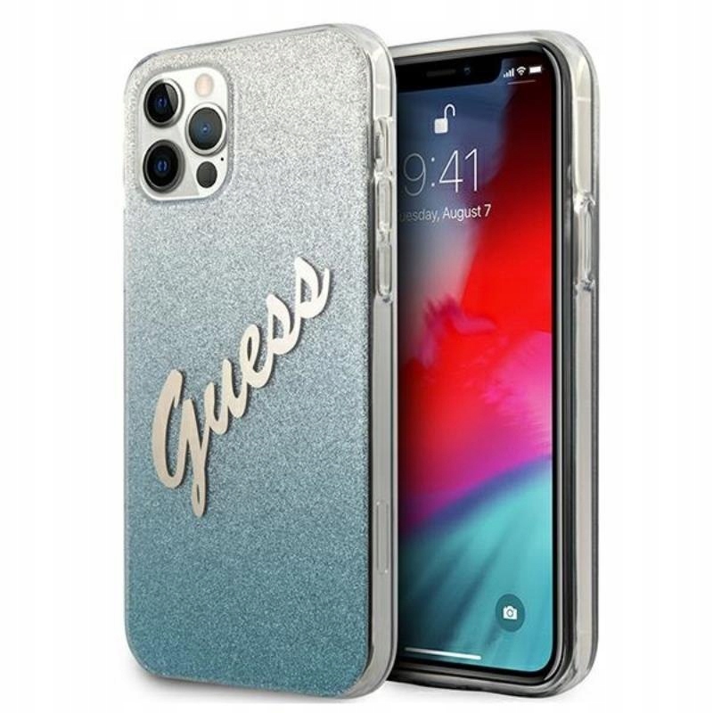 Guess Glitter Gradient Script Etui iPhone 12 iPhone 12 Pro (niebieski)