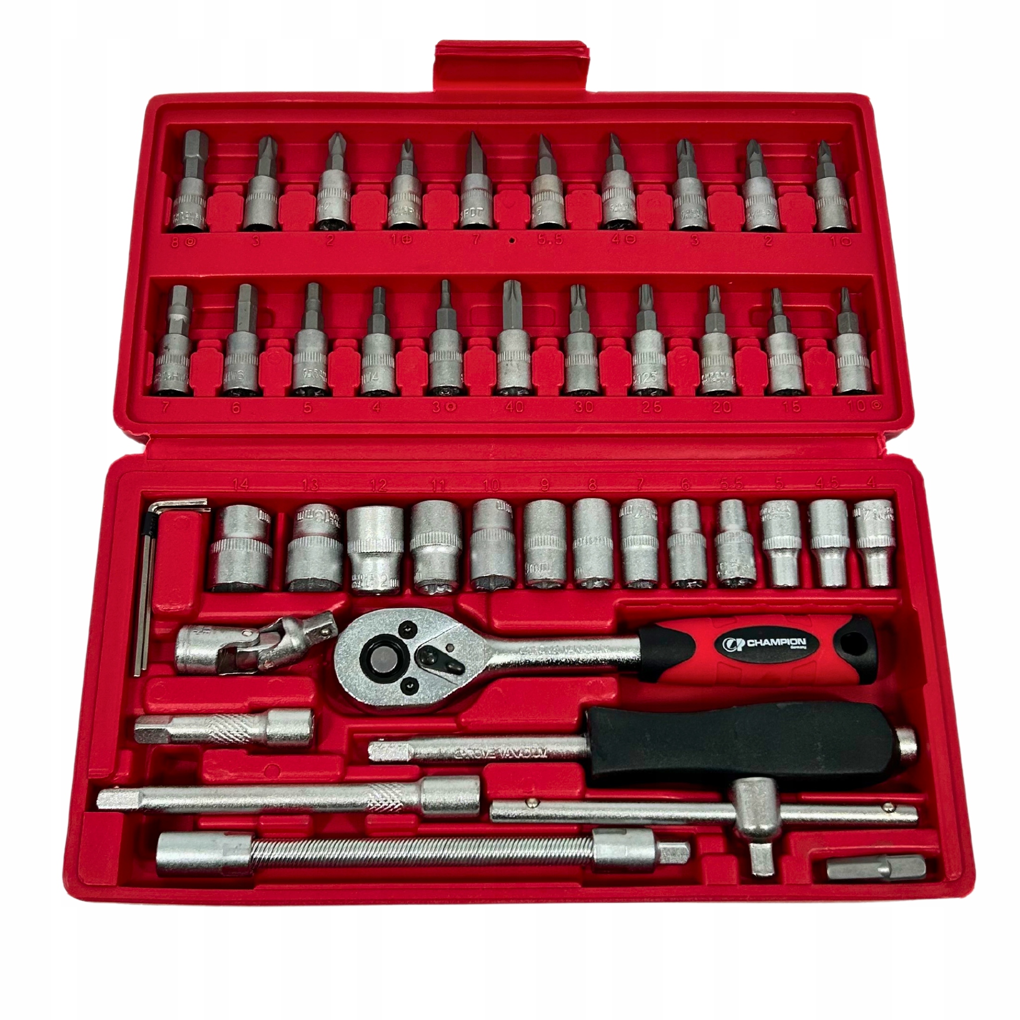 ZESTAW KLUCZY NASADOWYCH BITÓW GRZECHOTKA ZESTAW KLUCZY NASADOWYCH 46szt. Marka Champion