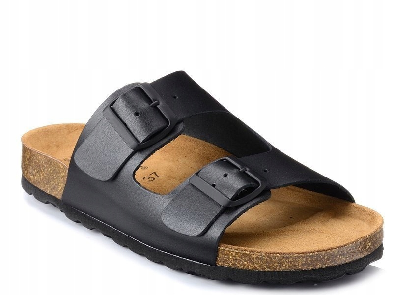Klapki damskie skórzane profilowane czarne na korku z klamrami Izzi Alex 41