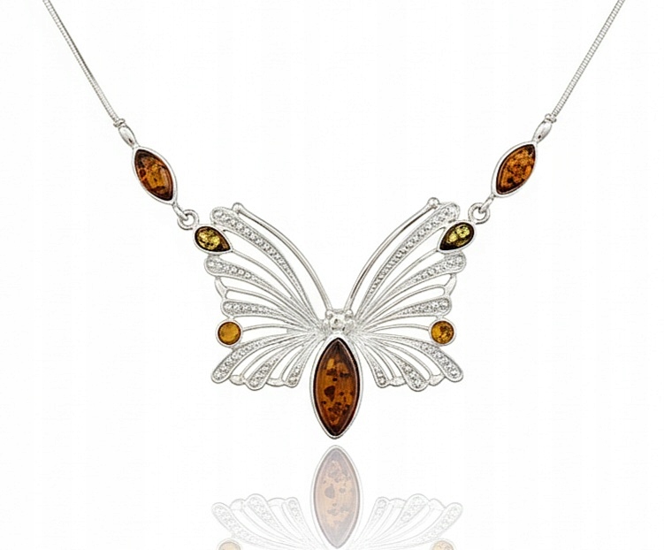 Motyl Stříbrný Náhrdelník S Jantarem Kolia Dárek Pro Ženu