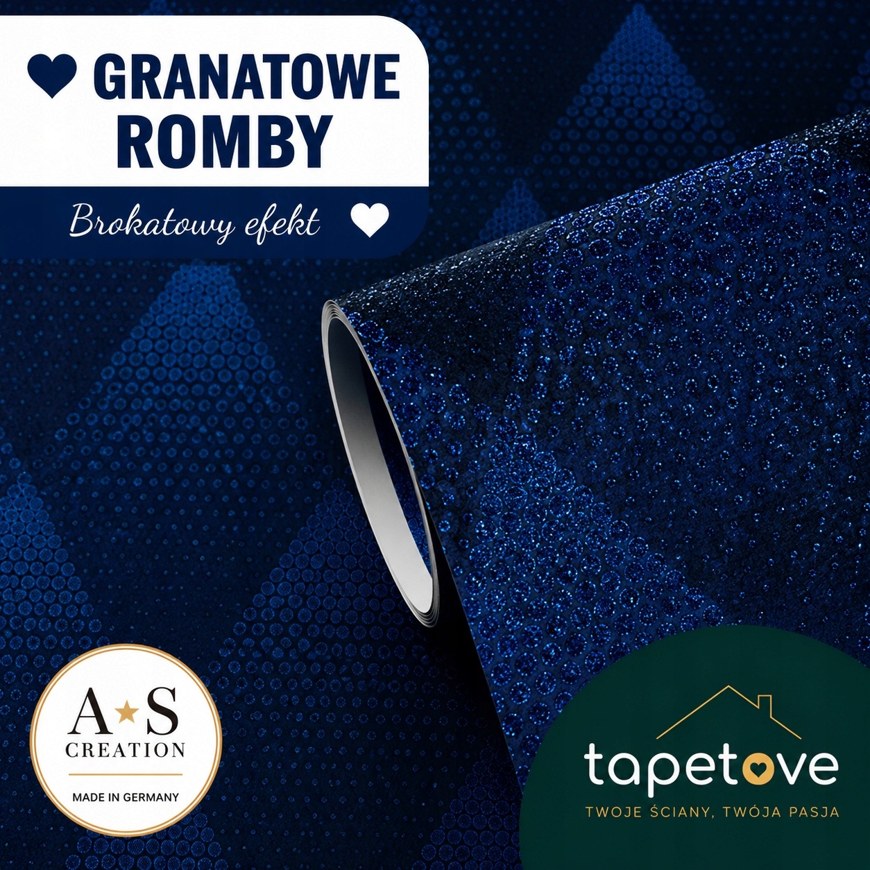 Geometrická modrá tapeta Romby s modrým brokátem Glamour do obývacího pokoje