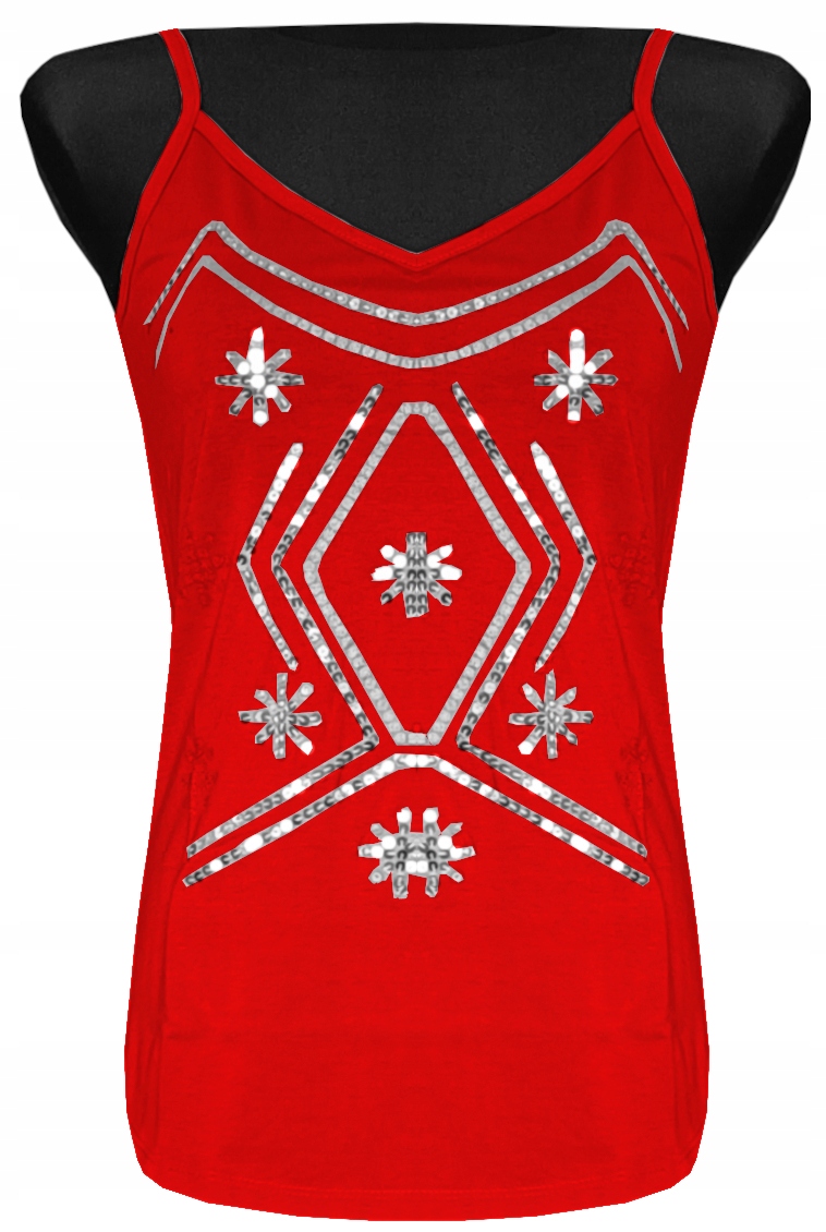 KOSZULKA DAMSKA BLUZKA TOP NA RAMIĄCZKA CEKINY CZERWONA XL 42 MODEL:108B