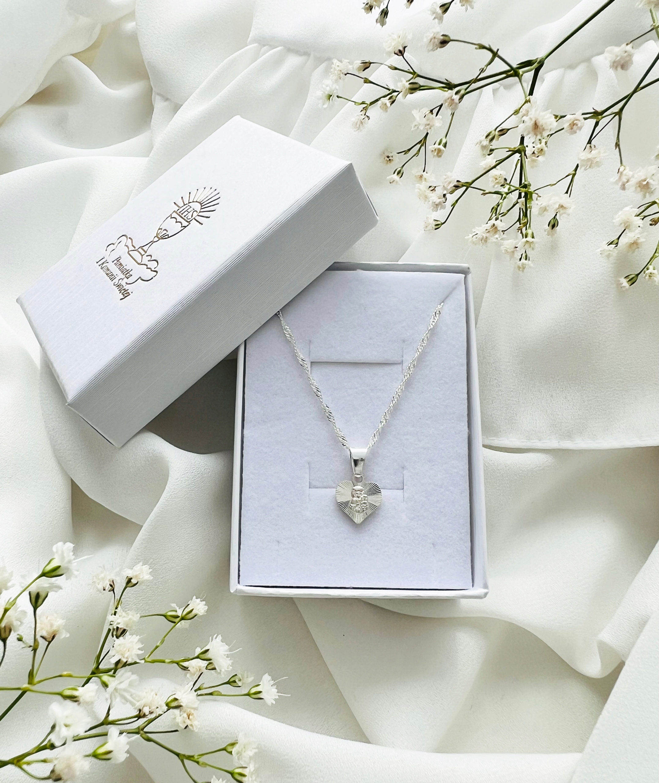 SREBRNY ŁAŃCUSZEK I MEDALIK KOMUNIJNY SERCE MATKA BOSKA CZĘSTOCHOWSKA 40cm Marka Abrasar