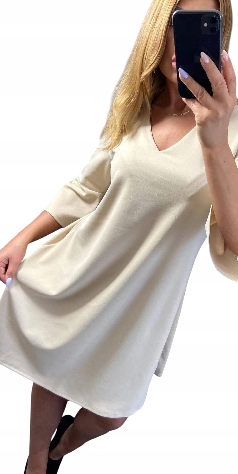 V0024 Šaty Rukáv Rozšířený Hladký Výstřih V-neck Béžová vel. 48 (4XL)