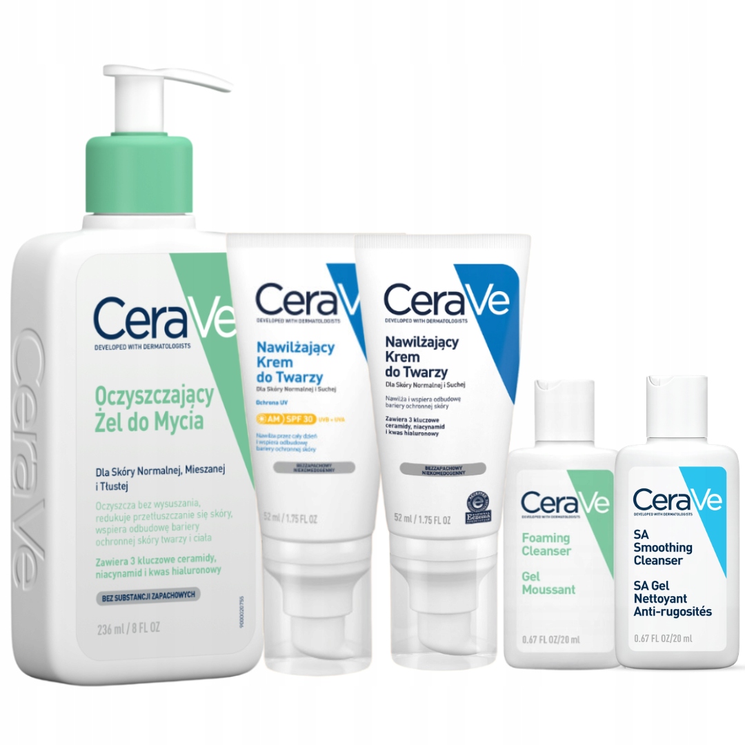 CeraVe Zestaw Żel Oczyszczający 236ml Krem Nawilżający SPF30 52ml Krem 52ml
