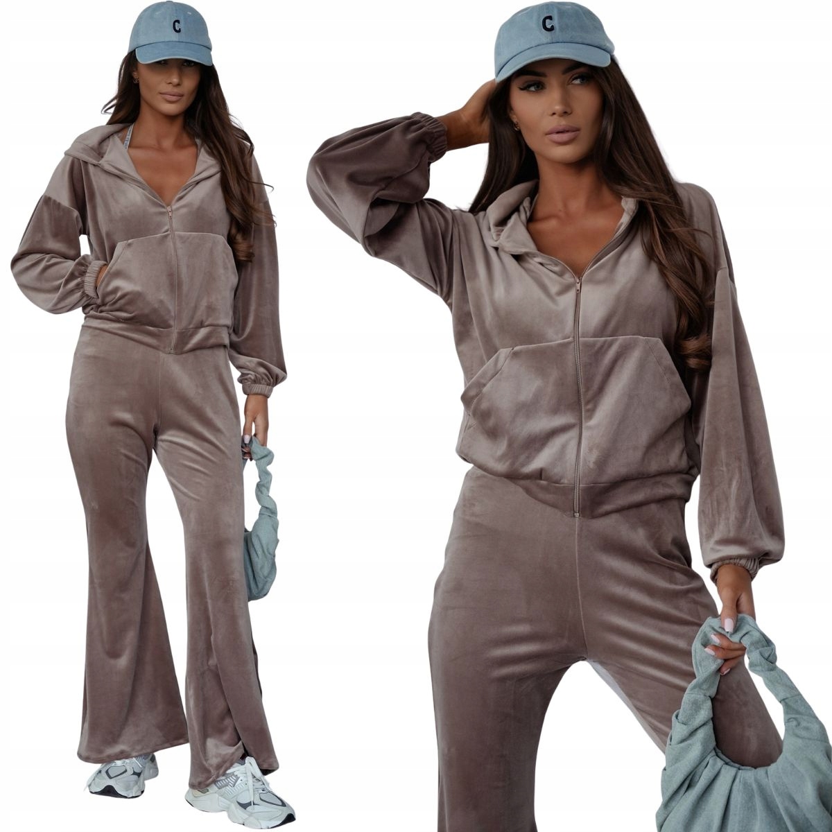 Velurové teplákovka dámské zvonové kalhoty mikina na zip 821144 cappuccino S/m