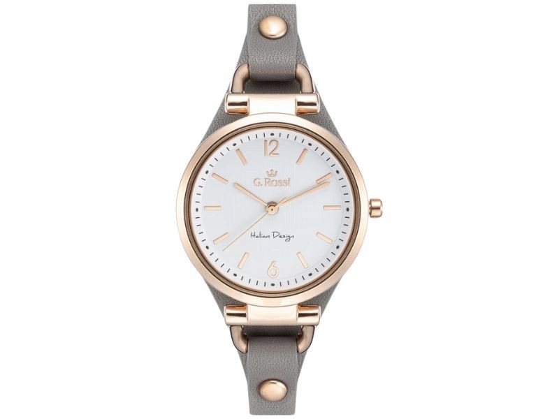 Dámské hodinky na popelavém koženém řemínku s růžovým pouzdrem