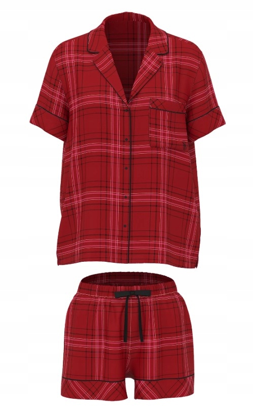 Krátké flanelové pyžamo Victoria's Secret červené s kostkovaným vzorem L (XL)