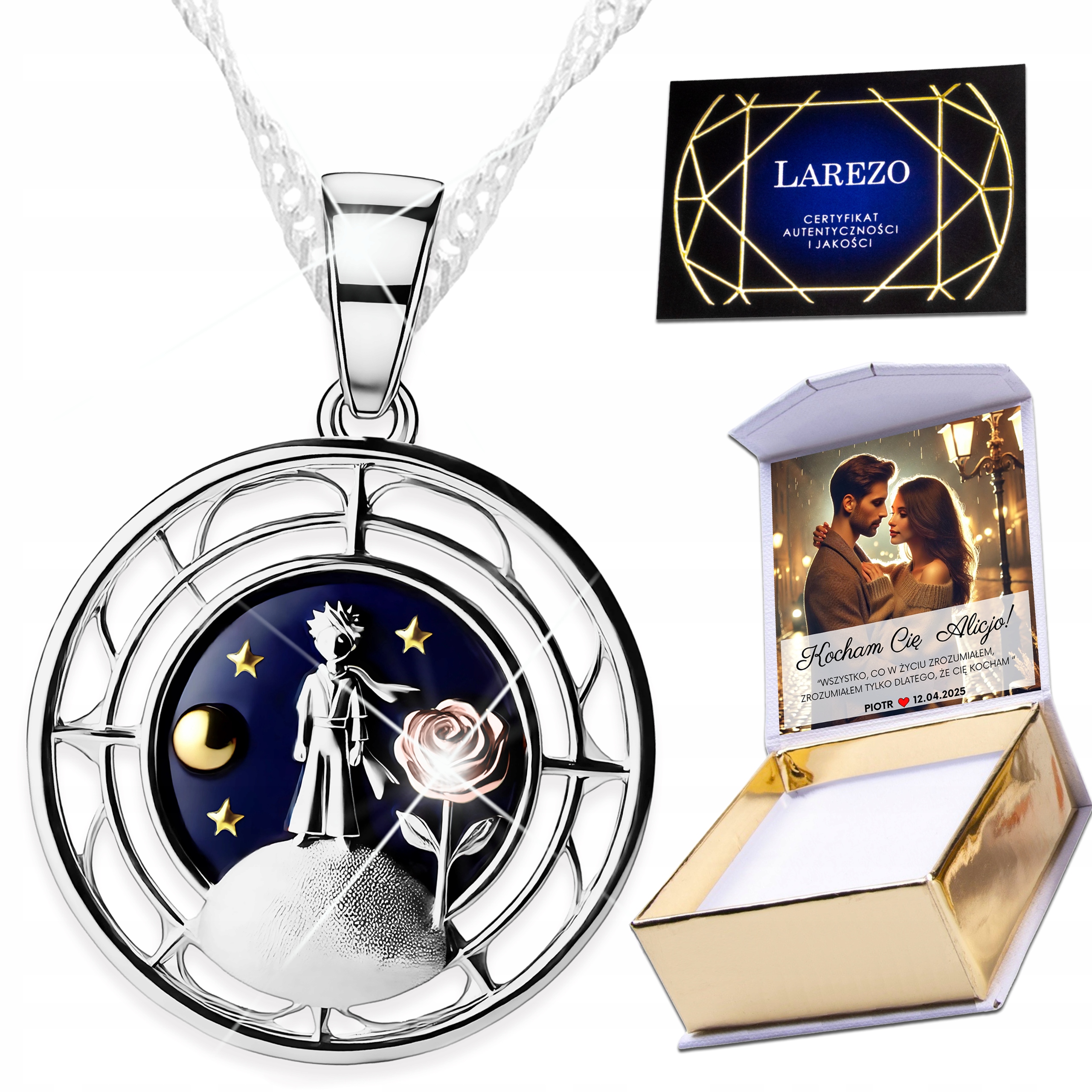 Stříbrný náhrdelník 925 Malý chlapec s liškou Vesmír Liška Hvězdy Růže Potisk