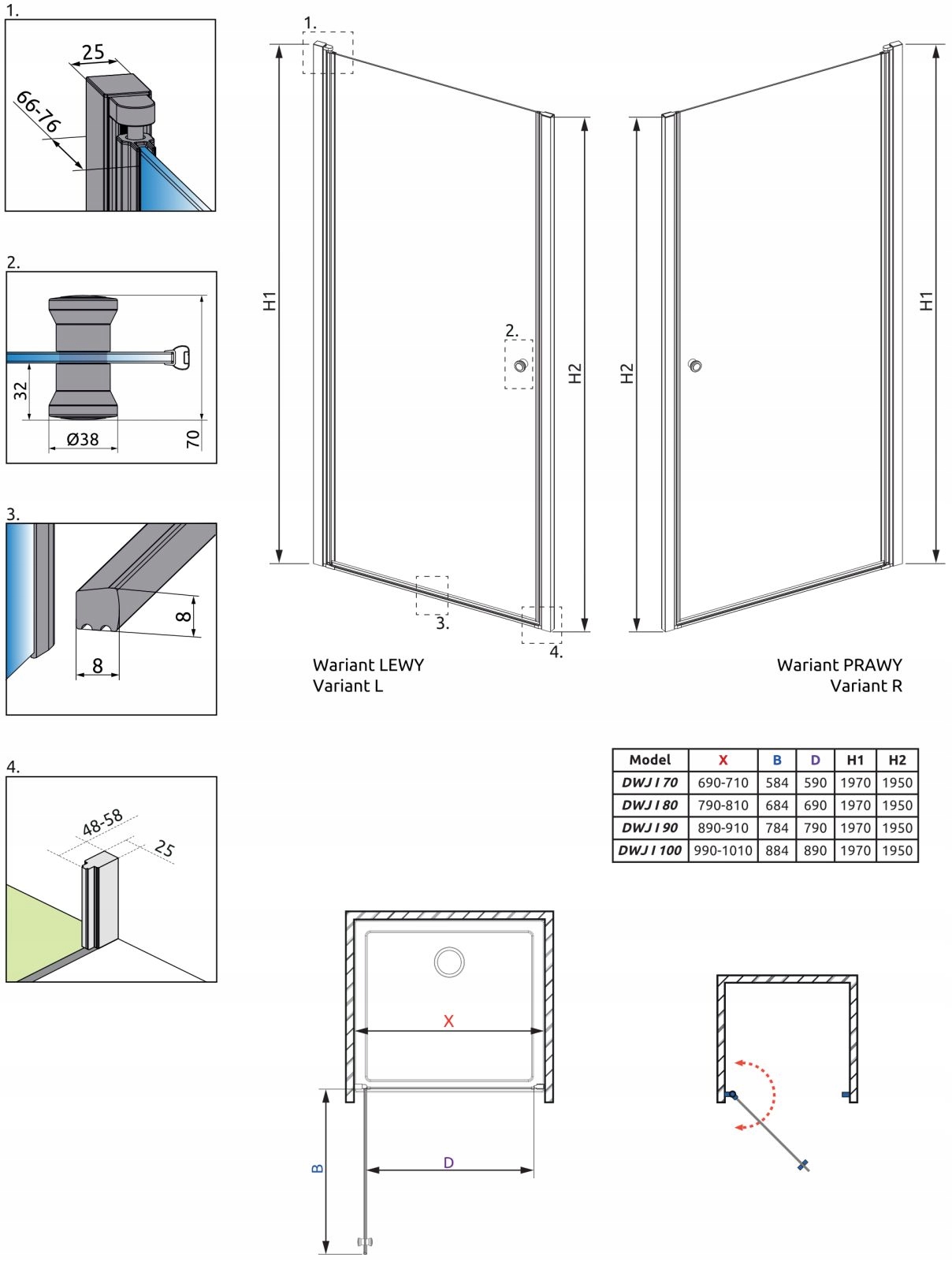 Drzwi uchylne do wnęki Eos DWJ 100 P szkło mirror Typ drzwi uchylne