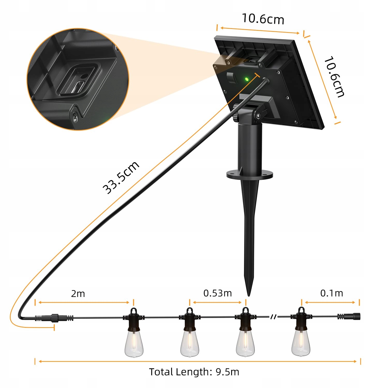 KAWAYA Solarna Girlanda LED 10M USB IP65 5 Trybów 15+1 Żarówki Ciepłe Białe — miniatura 6