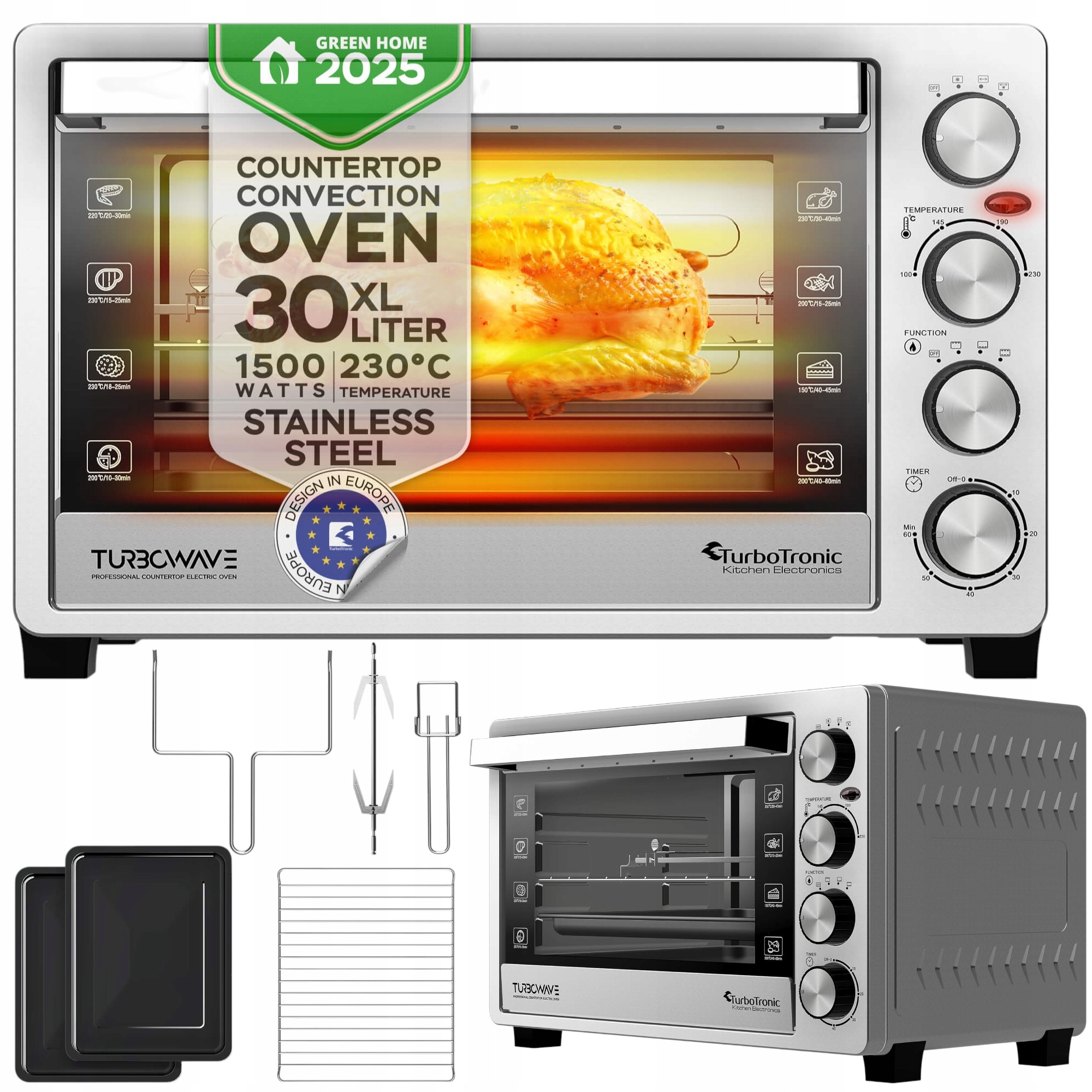 Piekarnik Elektryczny 30L Termobieg+rożno+grill 1500W Inox Stal Nierdzewna