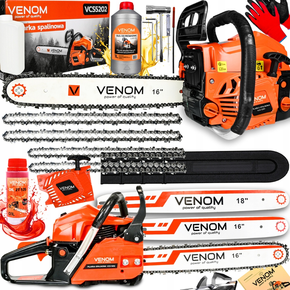 Silná Benzínová Pila Řetězová Pilka 5,7KM 58CC Sada 4x řetěz