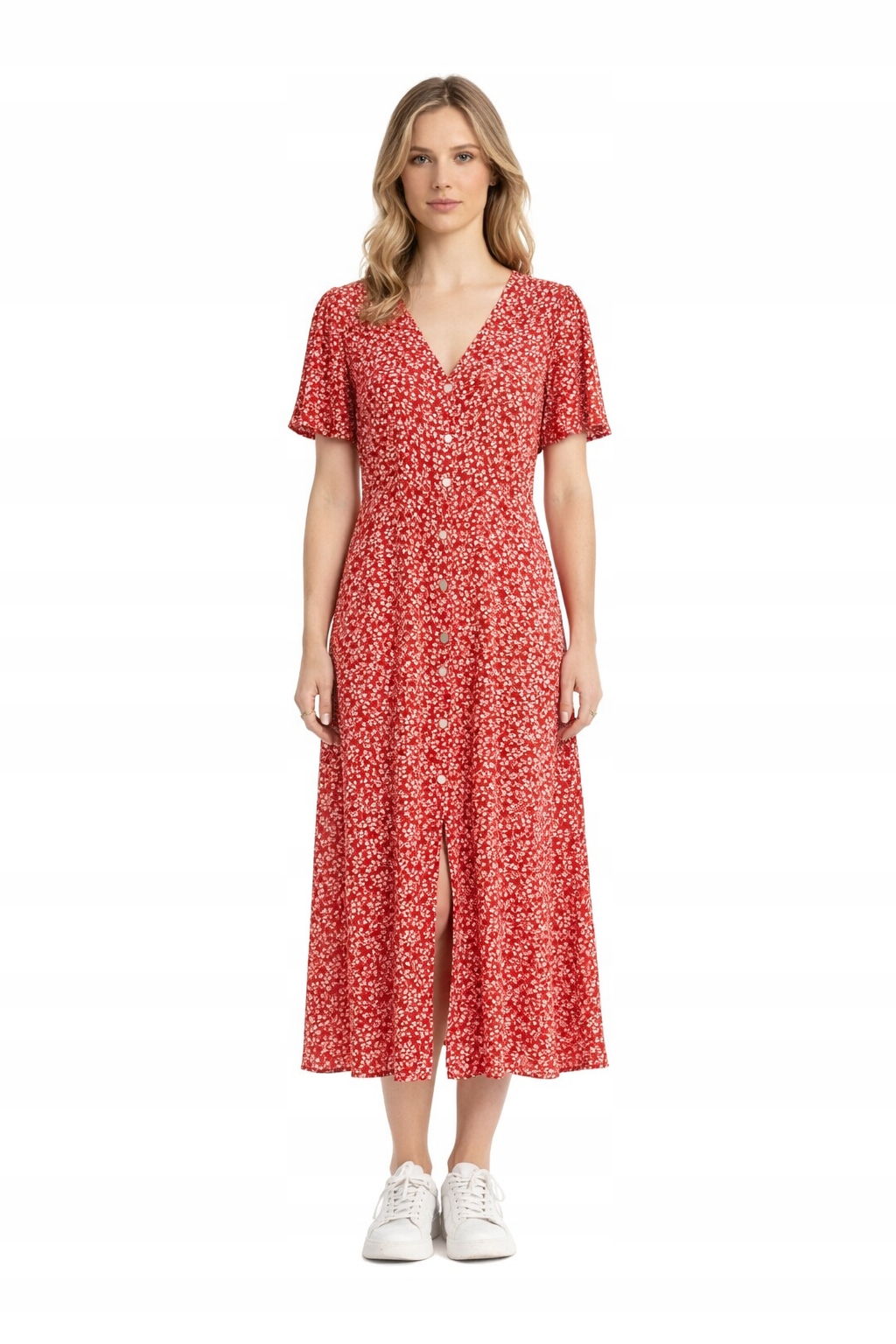 Červené Šaty MIDI S Drobnou Květinou A Rozparky S 1I3A