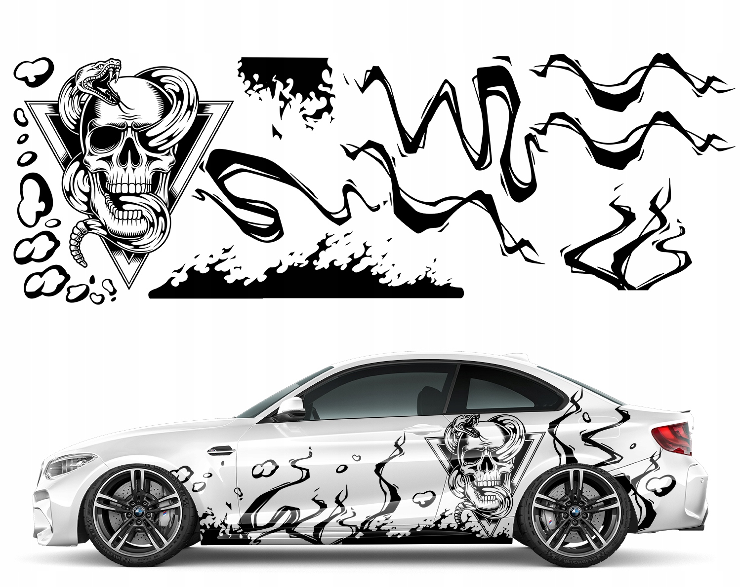 2x Nálepka Grafika na auto Motív Lebka Čacha Dym Hadica Mazie 94x554