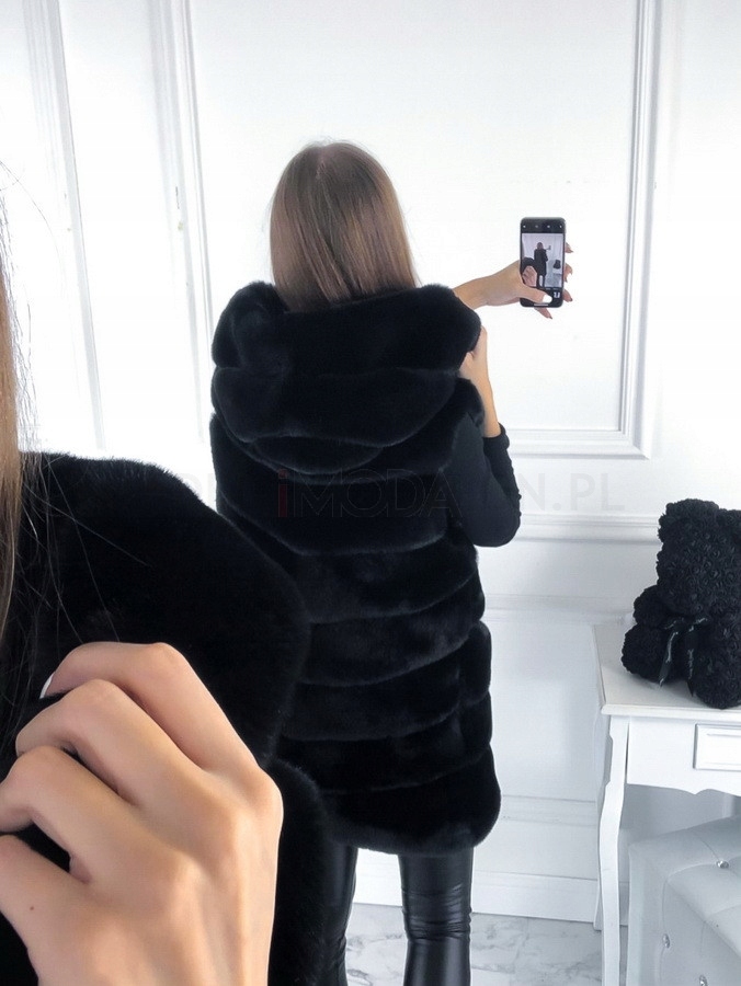 KAMIZELKA FUTRZANA Z KAPTUREM FUTRO CZARNA XXL Marka inna