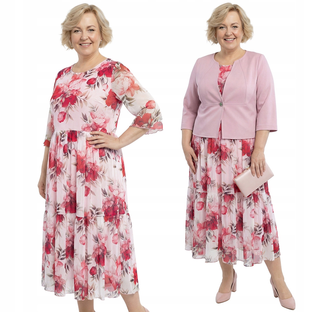 Síťovaná šaty s červeno-růžovými květy plus size velikost 48/50