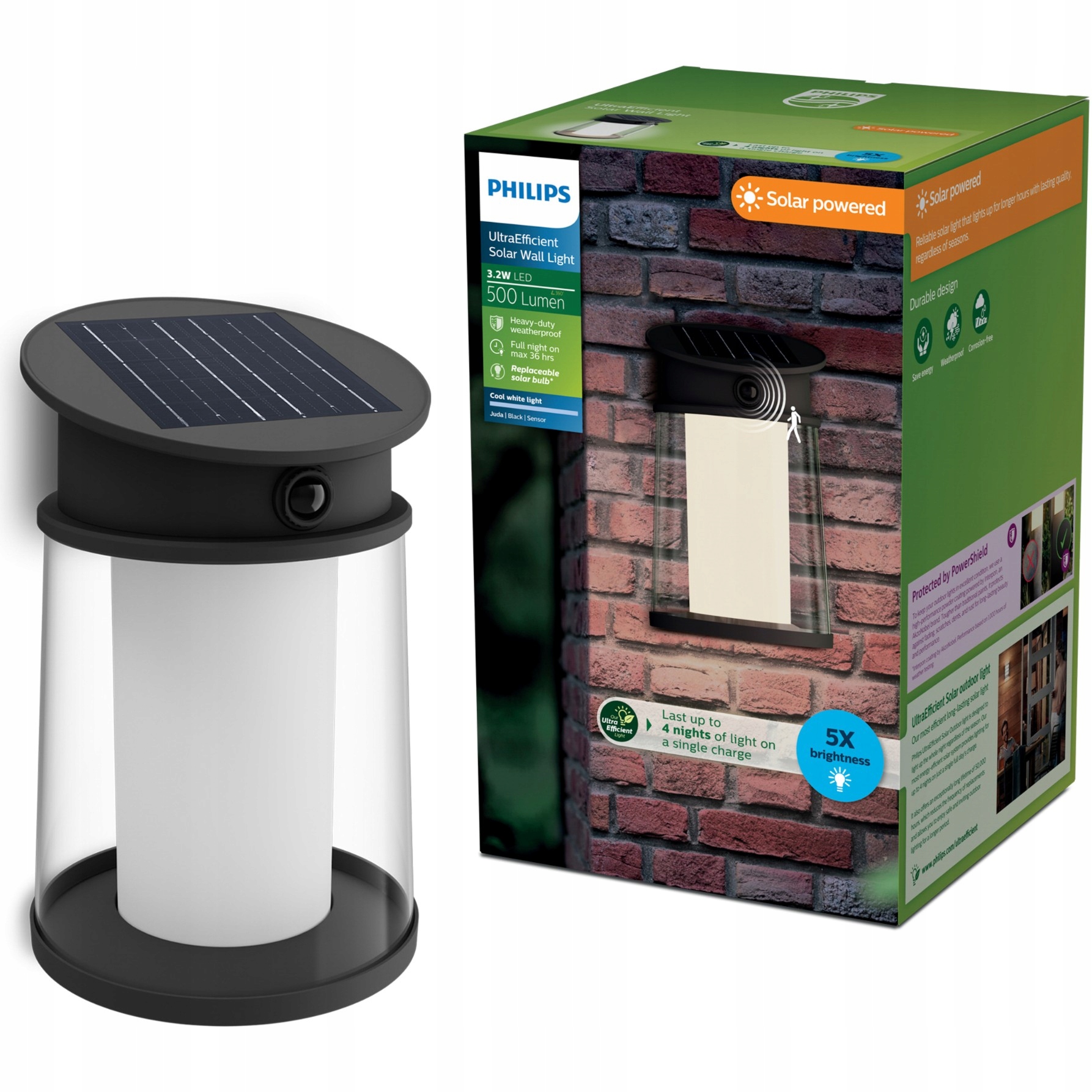 Solárna záhradná Led lampa Philips Juda Vonkajšie nástenné svietidlo Senzor Pohybu
