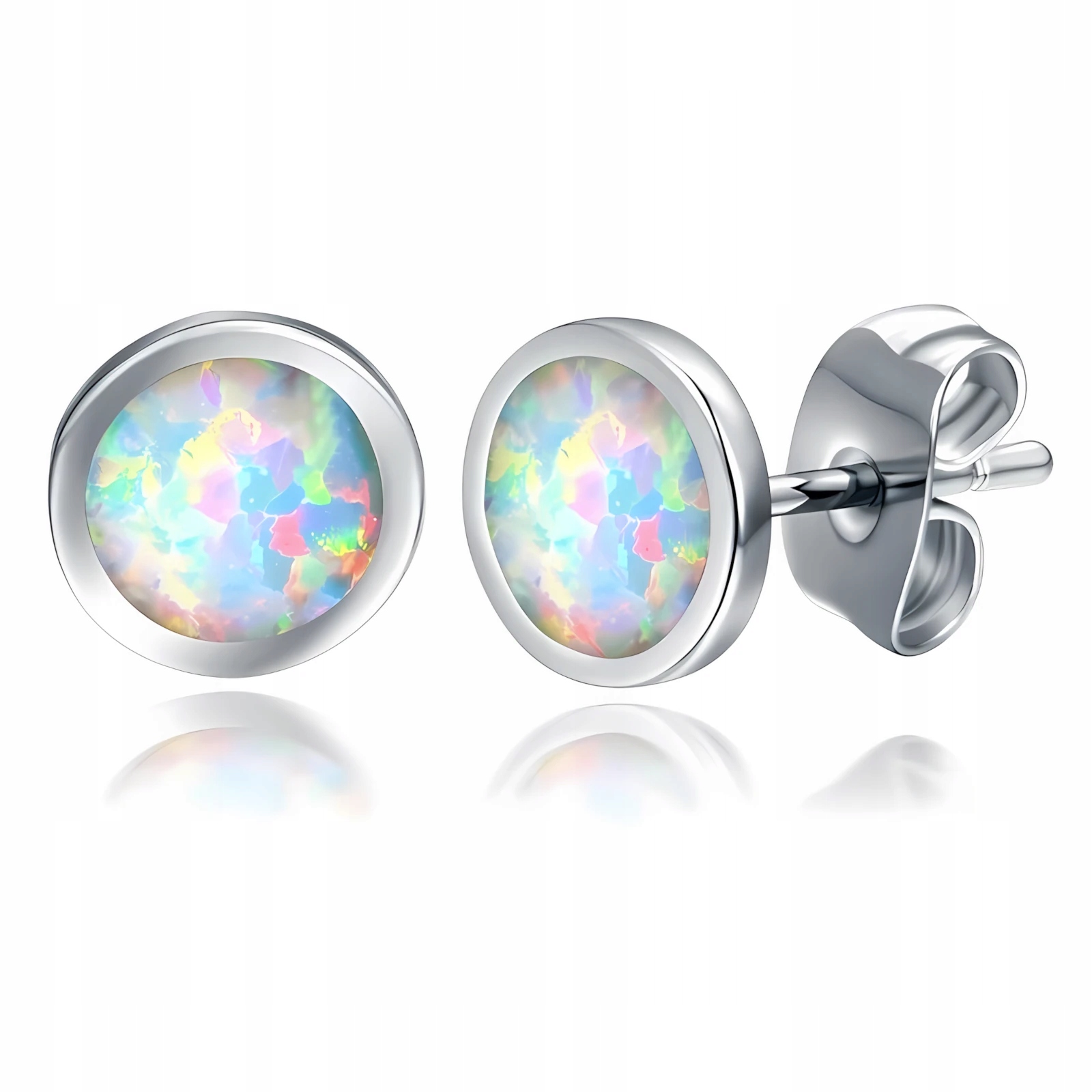 Delikatne Rodowane Srebrne Okrągłe Kolczyki Wkrętki Kółka Jasny Opal