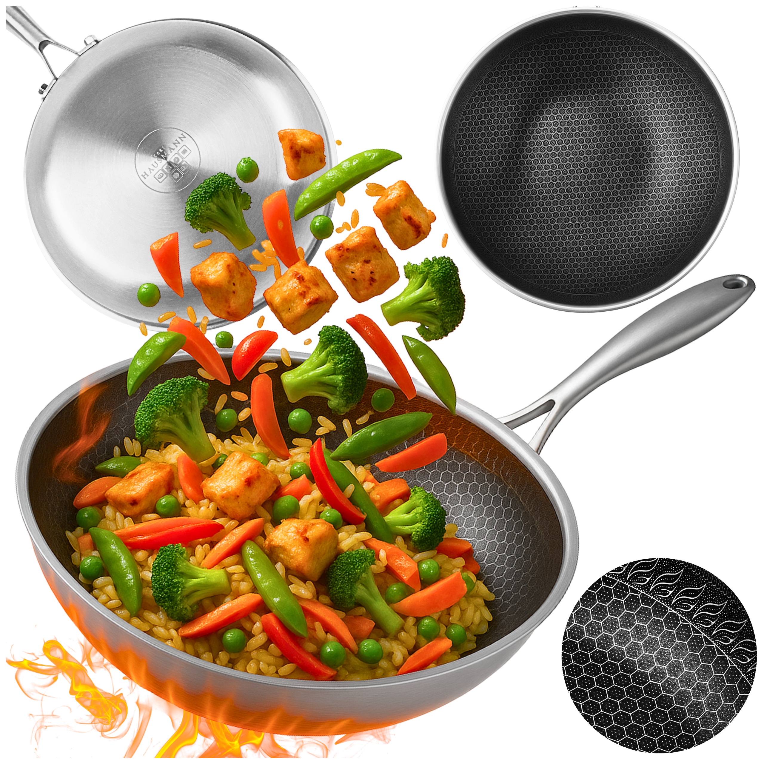 Wok Pánev Wok 30 CM Indukce Plyn Ocelová Pánev Hluboká Medová Plástev