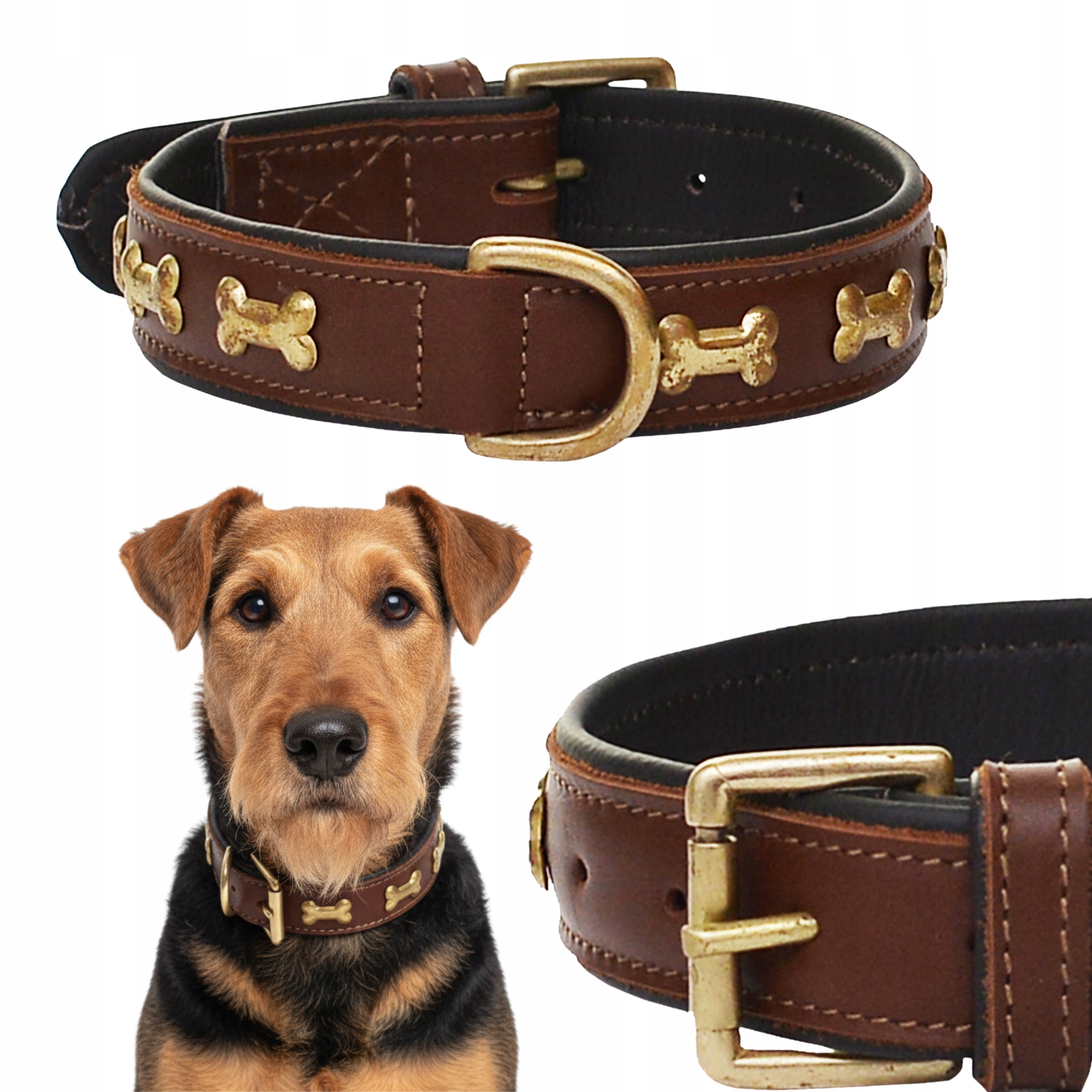 Levně Kožený obojek pro psa M 3 cm, hnědá kost, ručně šitý