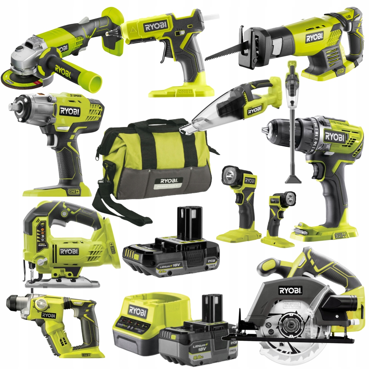 Ryobi Sada nářadí Combo 10 dílů taška nabíječka 3 baterie