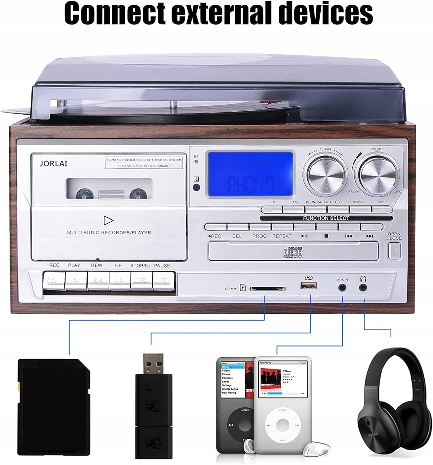 ODTWARZACZ WINYLOWY Z BLUETOOTH USB JORLAI LCD Marka Jorlai