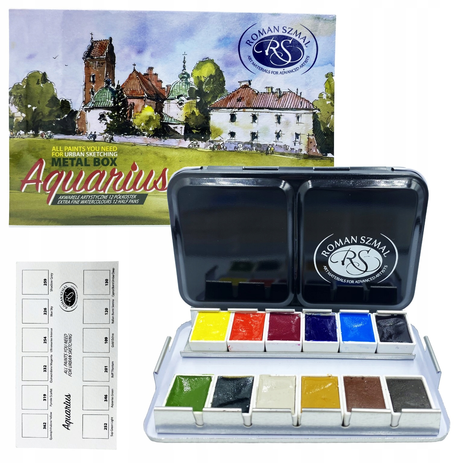 Sada akvarelů 12 kusů Roman Šmal polokostky kovová prémiová kazeta 2,5