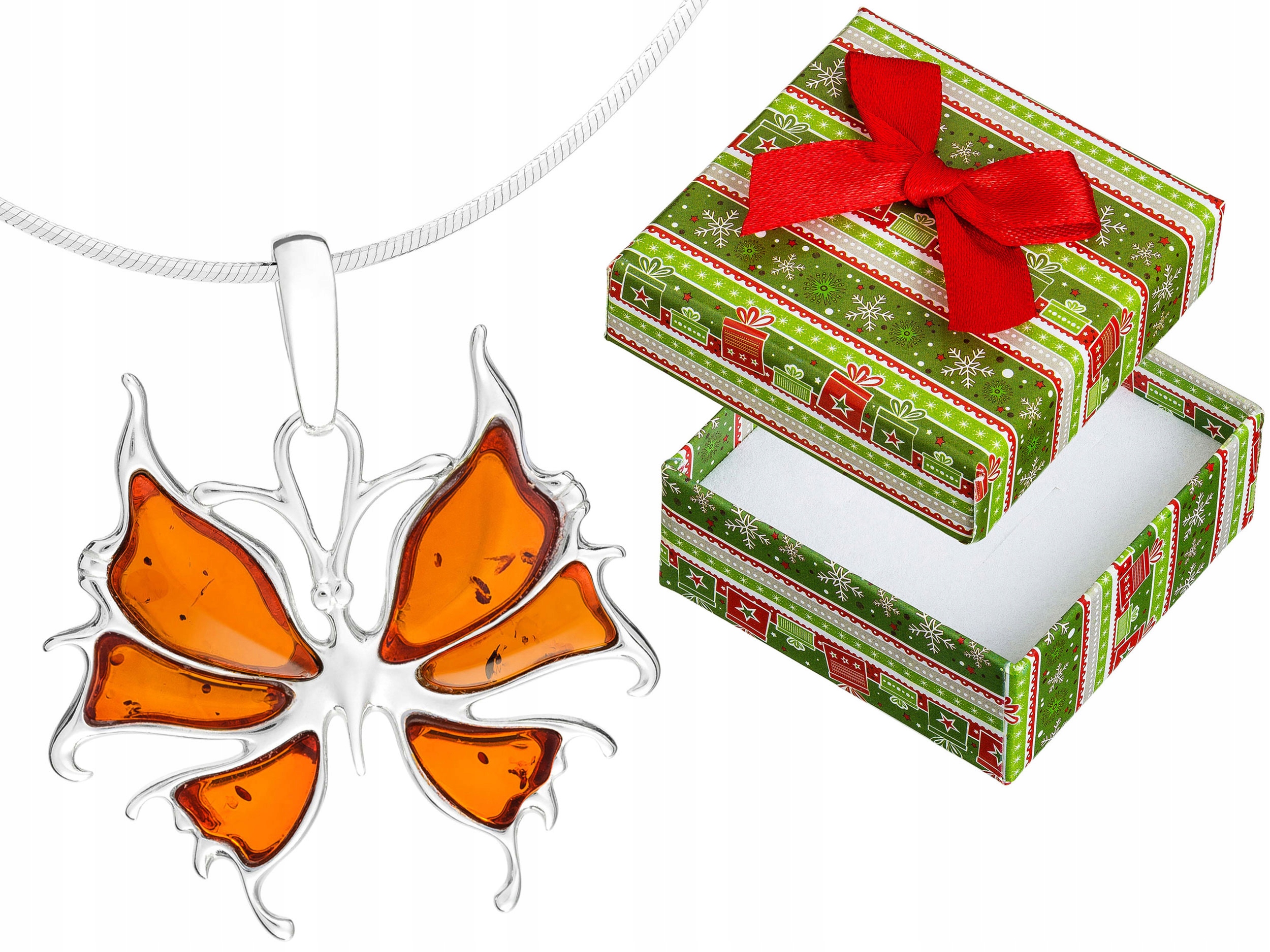 Dlouhý stříbrný dámský náhrdelník Motýl s jantarem Motýlek Jantar 90