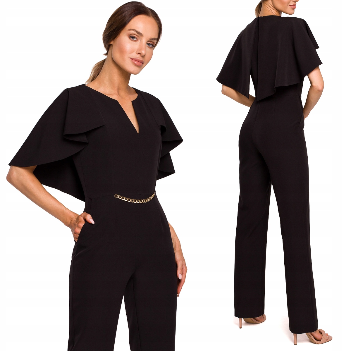 KOBIECY ELEGANCKI DAMSKI KOMBINEZON GŁADKI WYSZCZUPLAJĄCY CZARNY 36 S