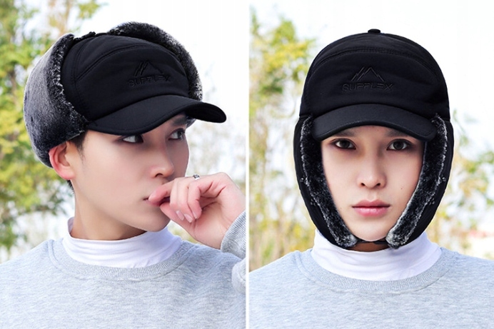 CIEPŁA CZAPKA ZIMOWA MĘSKA Z DASZKIEM NAUSZNI Rozmiar uniwersalny