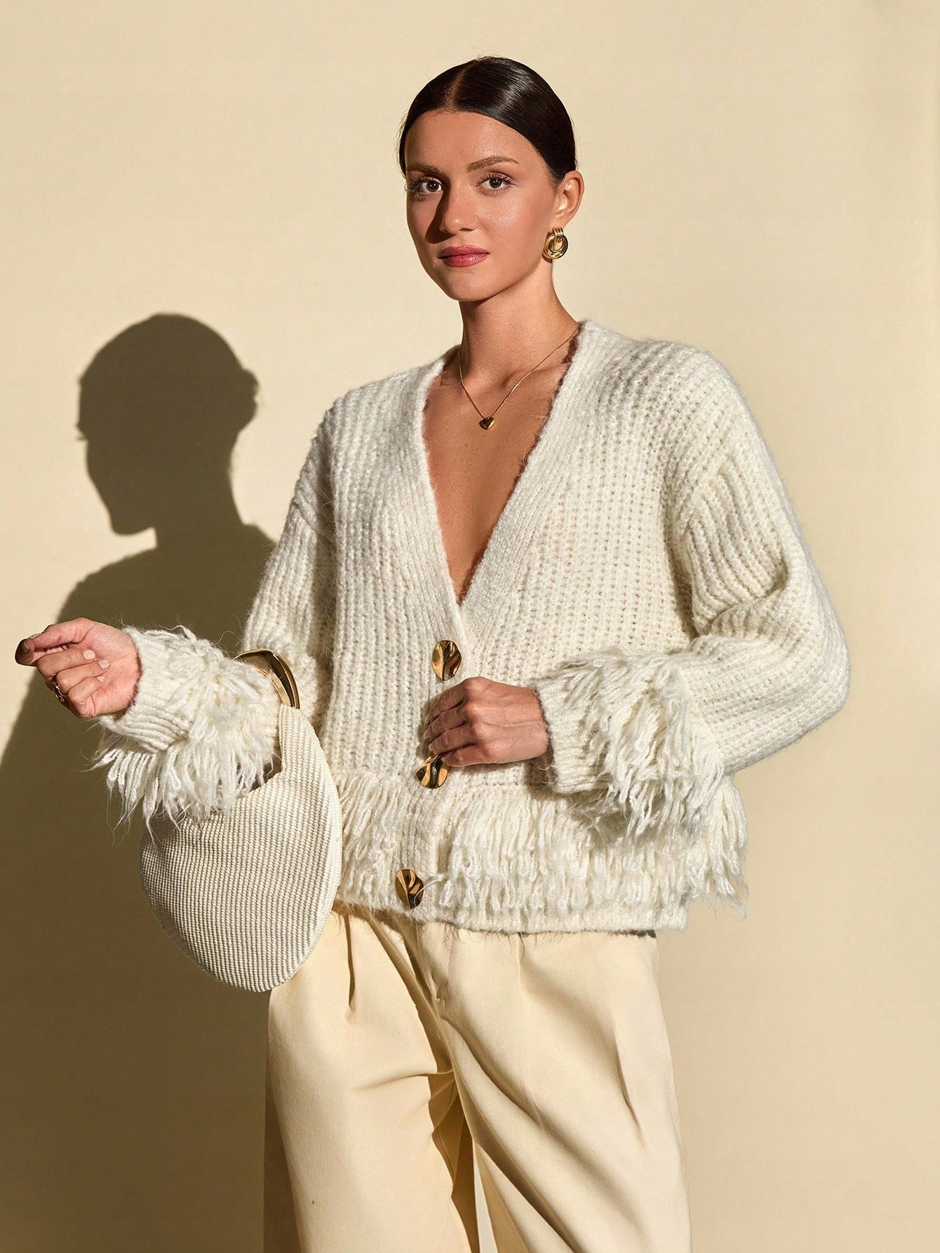 Kardiagn Dámský Svetr S Třásněmi Béžový Výstřih V Knoflíky Casual Shein Uni