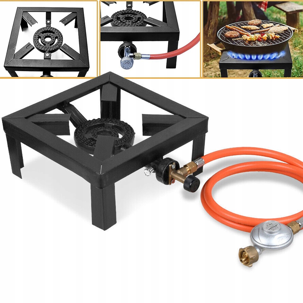 Plynový Hořák Litinová Stolička Sporák 25 x 25 cm 8 kW Set Hadice Reduktor