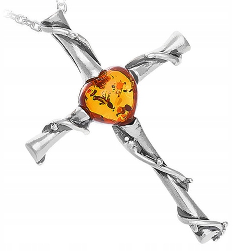 Stříbrný Přívěsek kříž Srdce srdíčko Křížek z Jantaru ze Stříbra 925