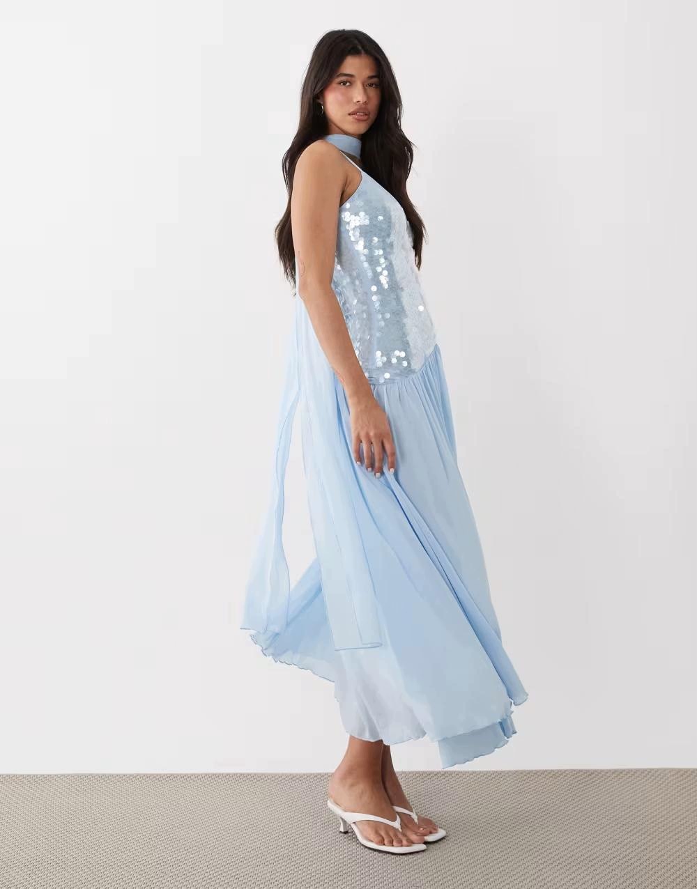 Gina Tricot Modré MIDI Šaty Na Ramínka B23__M