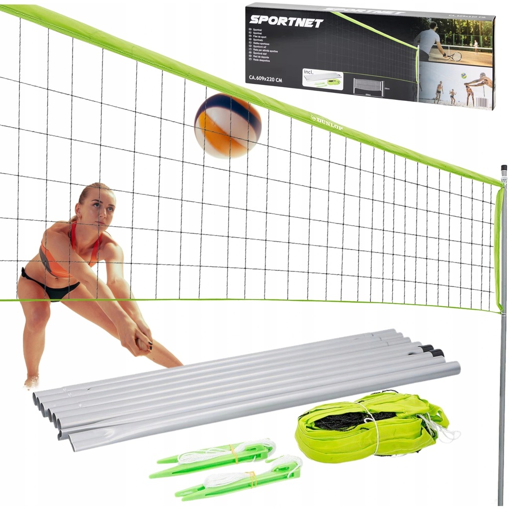 Siatka Do Siatkówki Badmintona Tenisa Zestaw 3W1 Słupki Dunlop 609x220 cm