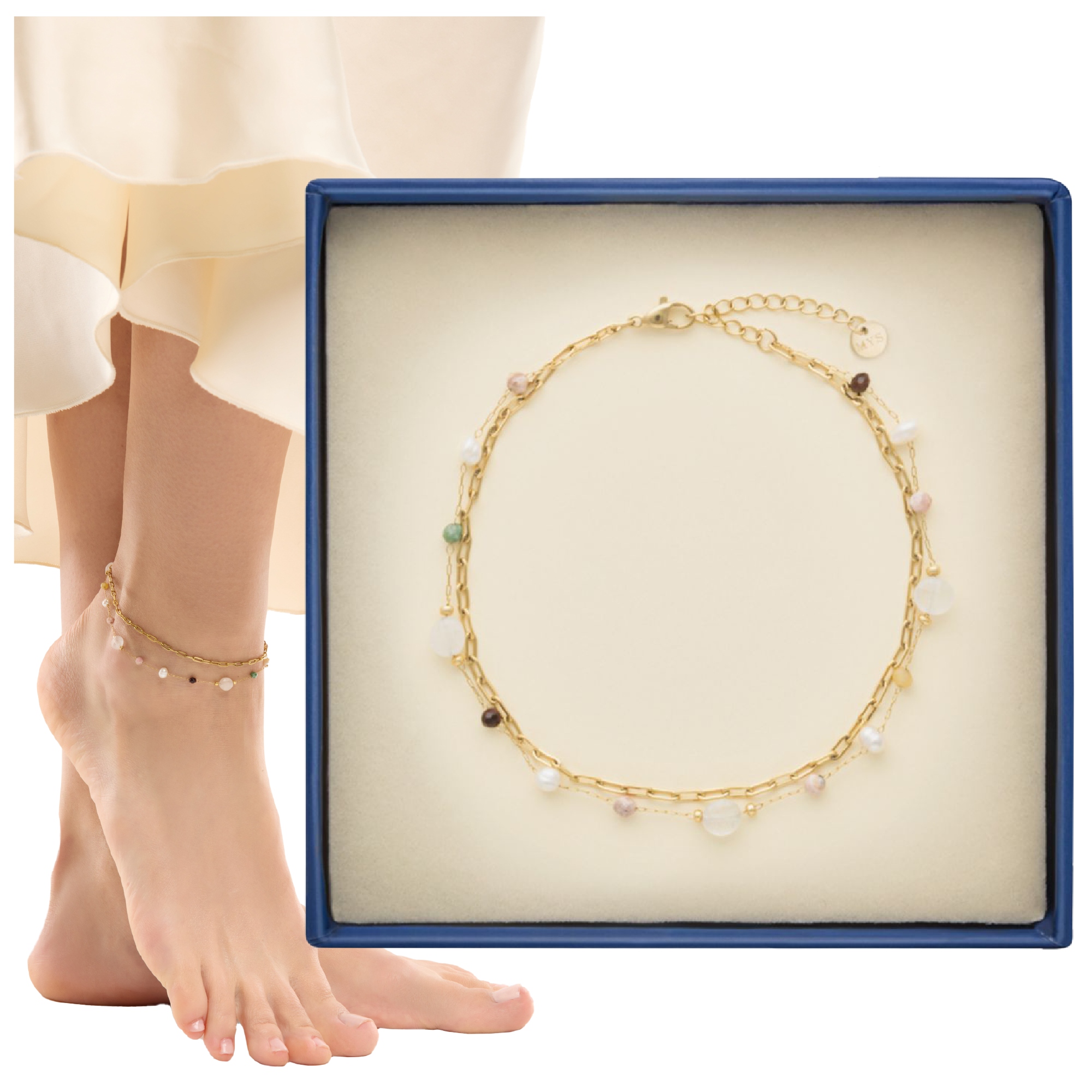 Náramek na kotník pozlacený achát maifan jaspis jadeit aventurínem Mys