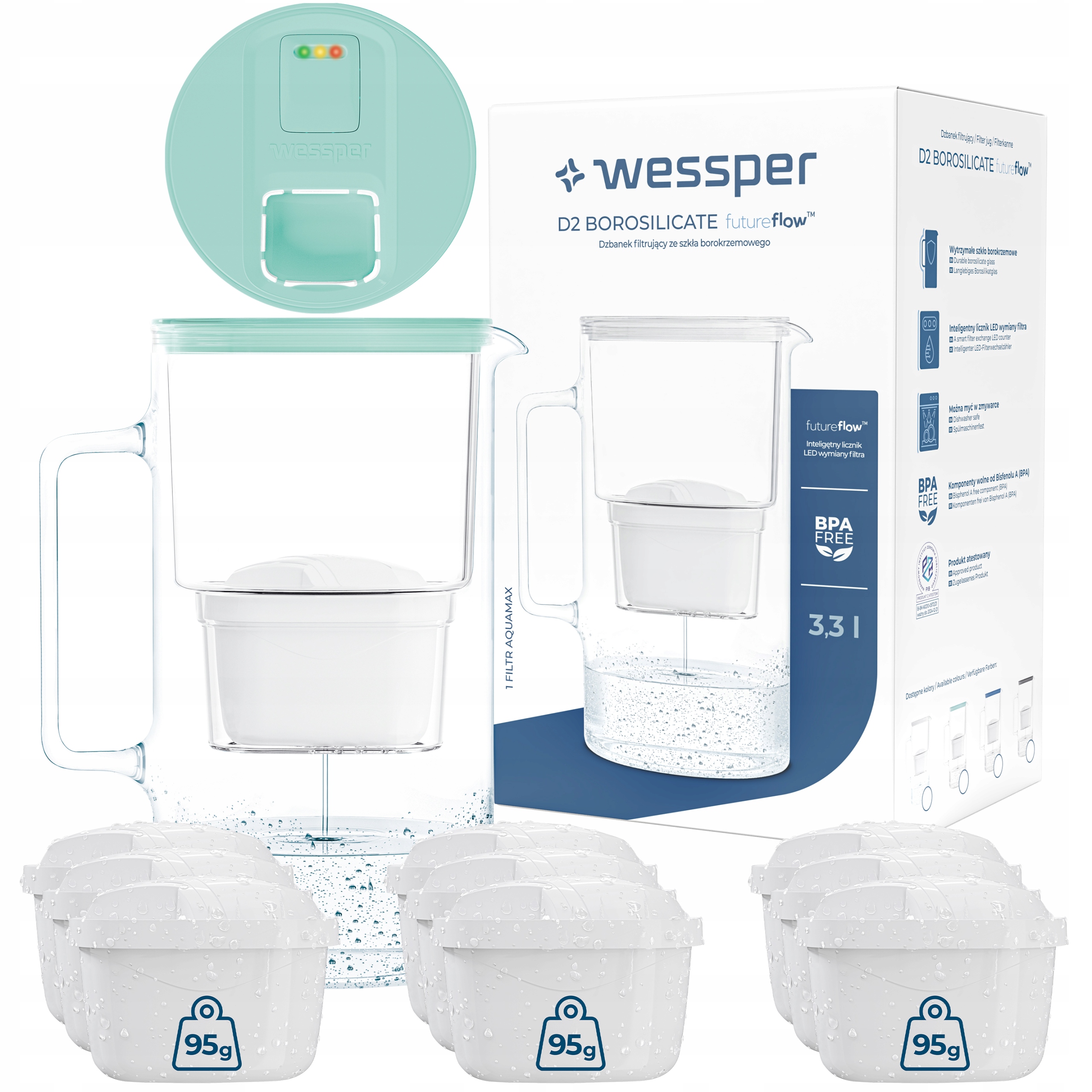Dzbanek filtrujący Wessper FutureFlow Aquamax LED 3,3l + 10x Filtr do wody