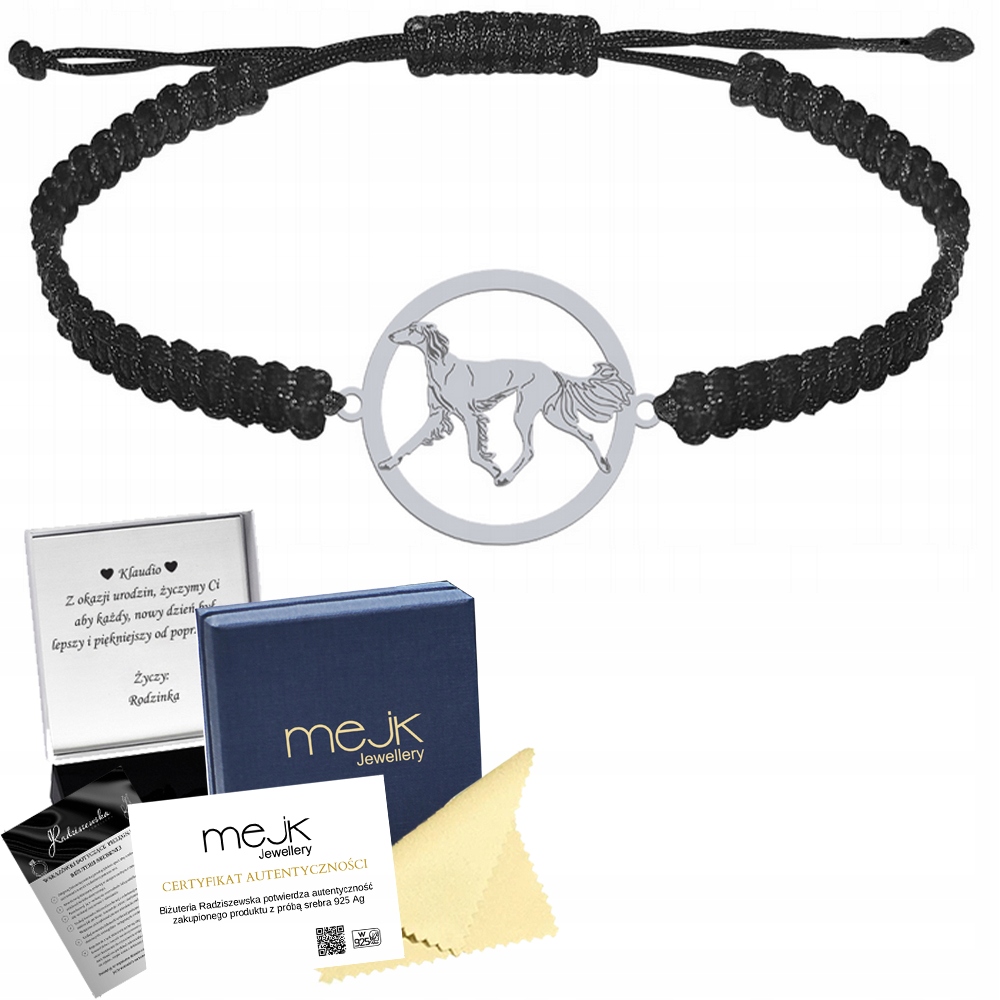 Stříbrný náramek s Perským chrtem Saluki 925 Dárek Makramé Gravírování