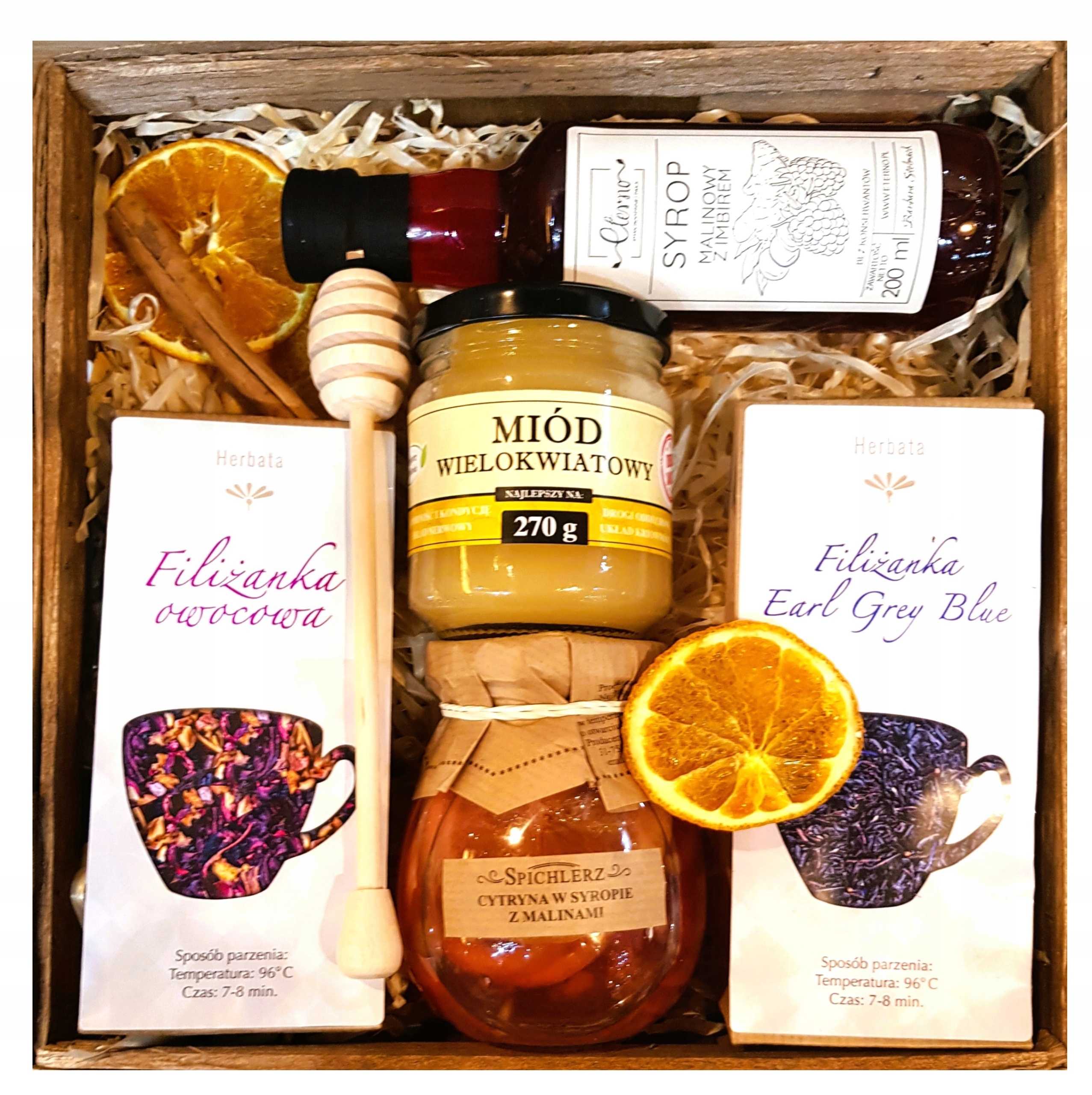 Levně Koš Dárková Sada Dárek Perník Med Čaj Citron Malina