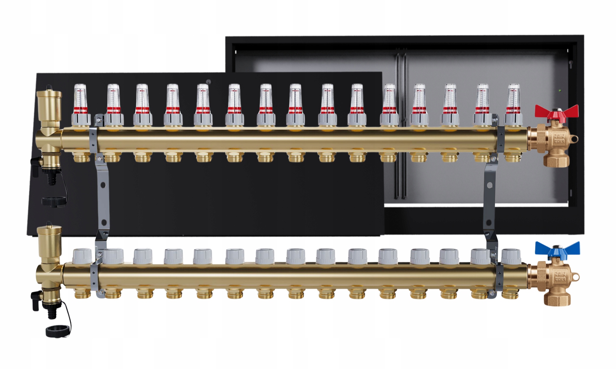 Rozdělovač mosazný Podlahové krytiny 15 Obvody Nástěnná skříňka Černá Ventily