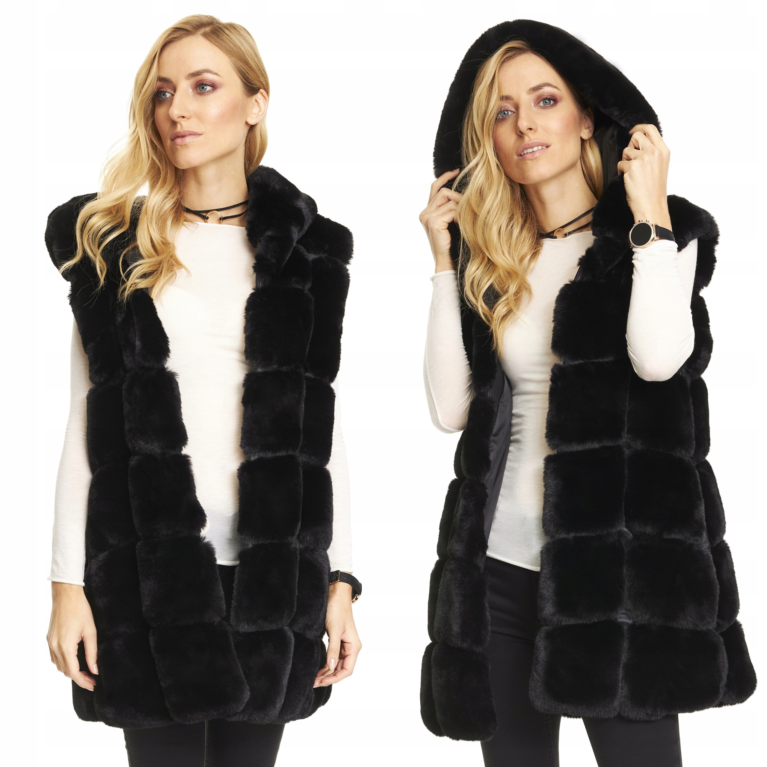 

Czarna Kamizelka Futrzana futro kaptur w jodełkę